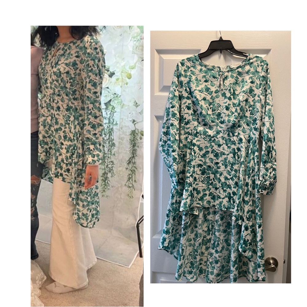 Green and White Asymmetrical Dress with Bishop Sleeves